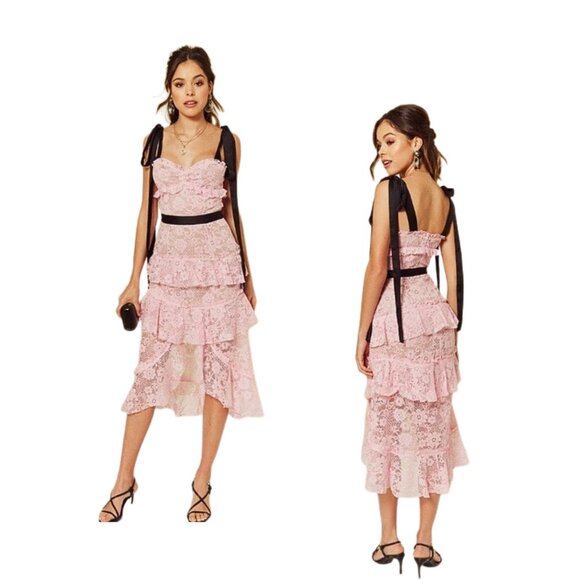 FOR LOVE AND LEMONS Iris CD1848 Pink Black Lace Hi Low Midi Dress Sz M - Picture 3 of 6